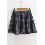 Women's Elastic Waist Vintage Plaid Print Casual Basic Pleated Mini Skirt