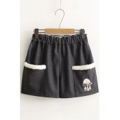 Women's Animal Embroidery Elastic Waist Woolen Shorts with Pockets