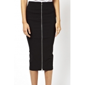 Women's Fashion Zip Fly Front Slit Back Plain Pencil Midi Skirt