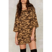 Fashion Camouflage 3/4 Length Sleeve Round Neck Mini T-Shirt Dress