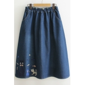 Women's Elastic Waist Cat Embroidery Denim A-Line Midi Skirt