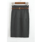 Women's Office Plain Knit Pencil Midi Skirt with Belt