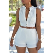 Women's Sexy Sleeveless Plunge V Neck Belted Short Jumpsuit Rompers