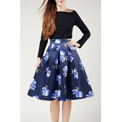 Chic Elegant Floral Printed High Waist Zip Side A-Line Skater Skirt