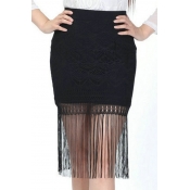 Trendy Lace Floral Pattern Tassel Plain Bodycon Skirt