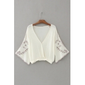 Fashion Sexy V-Neck Embroidery Floral Patter in Bell Long Sleeve Elastic Waist Blouse Top
