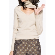 Fashion Cutout High Neck Long Sleeve Plain Pullover Sweater