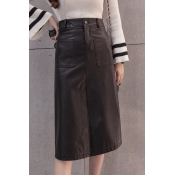 Popular Split Front Plain Midi Leather Tube Skirt with Pockets
