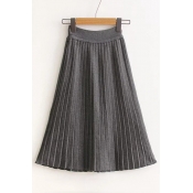 Women's Basic Elastic Waist Plain Classic Pleated A-Line Midi Skirt