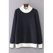 New Contrast Half High Neck and Trim Long Sleeve Color Block Pullover Sweater