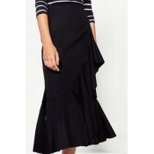 Fashion Ruffle Front Midi Asymmetric Hem Plain Skirt