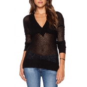 Women's Sexy V-Neck Long Sleeve Mesh Sheer Casual Slim Pullover Sweater