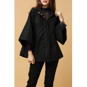 Fashion Hooded Zipper Placket 3/4 Length Sleeve Plain Cape Coat