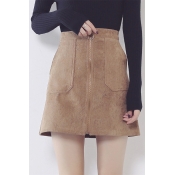 Women's Zipper Front Plain Corduroy Mini A-Line Skirt with Two Pockets