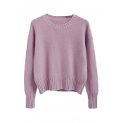 Trendy Round Neck Long Sleeve Plain Pullover Sweater