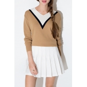 Chic Contrast V-Neck Long Sleeve Color Block Pullover Sweater