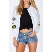 Stand-Up Collar Applique Printed Long Sleeve Zipper Placket Bomber Jacket Coat