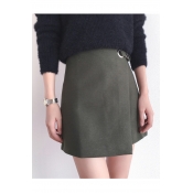 Women's High Waist Plain Asymmetric Hem Wrap Mini Skirt with Buttons