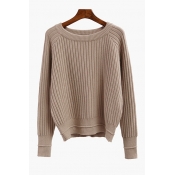 Raglan Long Sleeve Round Neck Vertical Striped Plain Pullover Sweater
