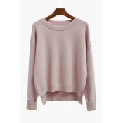 High Low Hem Round Neck Long Sleeve Plain Pullover Sweater