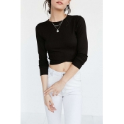 Sexy Round Neck Long Sleeve Plain Cropped T-Shirt