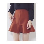 Sexy High Waist Ruffle Hem Zip-Back Plain Patchwork Mini Skirt