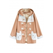 Cute Bear Hooded Horn Button Single Breasted Appliqued Long Sleeve Wool Coat with Rabbit Pockets