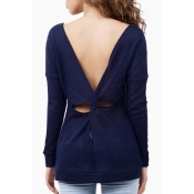 Sexy Knotted V-Back Plunge V-Neck Long Sleeve Plain Sweater