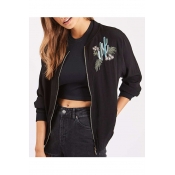 Fashion Embroidery Cactus Zipper Placket Stand-Up Collar Long Sleeve Bomber Jacket
