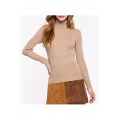 Chic Elegant High Neck Long Sleeve Plain Pullover Sweater