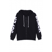 Sports Casual Hooded Zip Placket Long Sleeve Letter Print Coat