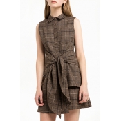 Spring Single Breasted Lapel Plaid Tied Front Sleeveless Shirt Dress