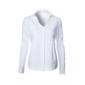 Casual V-Neck Single Breasted Long Sleeve Ruched Sides Plain Button Down Shirt