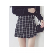 Plaid Zip-Back Wrap Front Asymmetric Hem High Waist Skirt