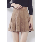 Plain High Waist Zip-Back Mini A-Line Pleated Skirt