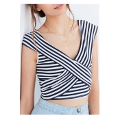 New Stylish Striped Crisscross Front V-Neck Cap Sleeve Color Block Cropped Tee