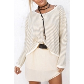 Women's Striped Dropped Long Sleeve Round Neck Pullover Sweater