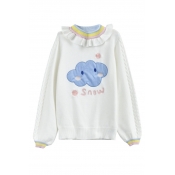 Lovely Contrast Ruffle Round Neck Letter Cartoon Pattern Long Sleeve Sweater