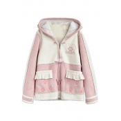 Hooded Zipper Placket Embroidery Paw Color Block Padded Coat with Ruffle Pockets