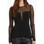 Sexy Women's Sheer Mesh Patchwork Long Sleeve Round Neck Blouse Top