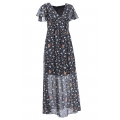 Chiffon V-Neck Short Sleeve Floral Printed Color Block Maxi Dress