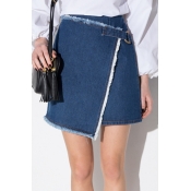 Fashion Asymmetric Hem Wrap Front Zip Back Mini Denim Skirt