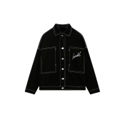 Plain Single Breasted Lapel Embroidery Letter Black Denim Jacket in Seamed Detail