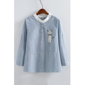 Contrast Stand-Up Collar Embroidery Cat Striped Blouse Top with Buttons