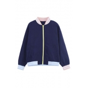 Tassel in Sleeve Zipper Placket Stand-Up Collar Color Block Bomber Jacket