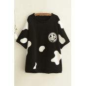 Cute Cow Color Block Printed Round Neck Short Sleeve Tee Top