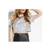 Contrast Round Neck Short Sleeve Sequined Cropped Tee