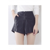 Fashion High Waist Plain Wide Leg PU Shorts with Two Pockets