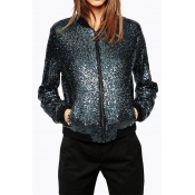 New Fashion Sequined Zipper Placket Stand-Up Collar Long Sleeve Bomber Jacket