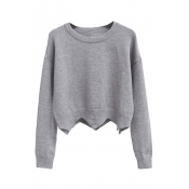 Asymmetric Hem Round Neck Dropped Long Sleeve Plain Cropped Sweater